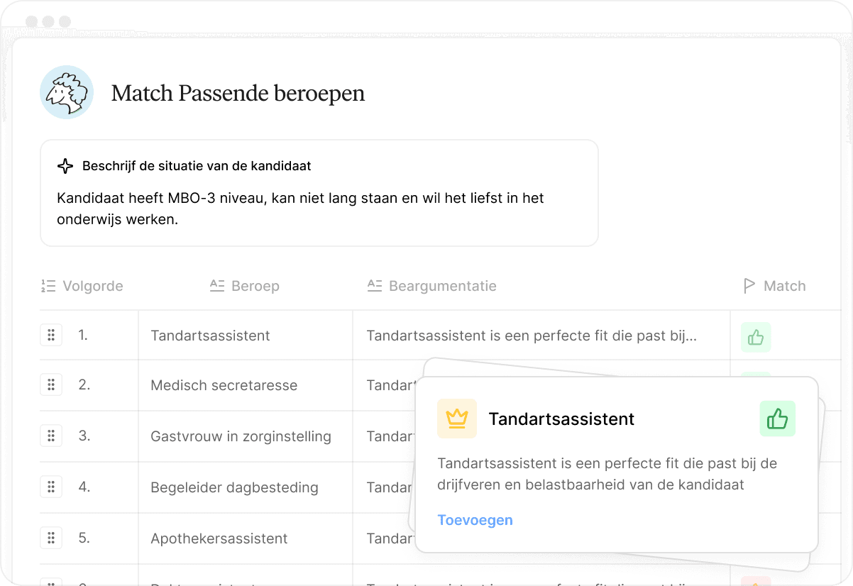 Ontdek direct passende beroepen met AI
