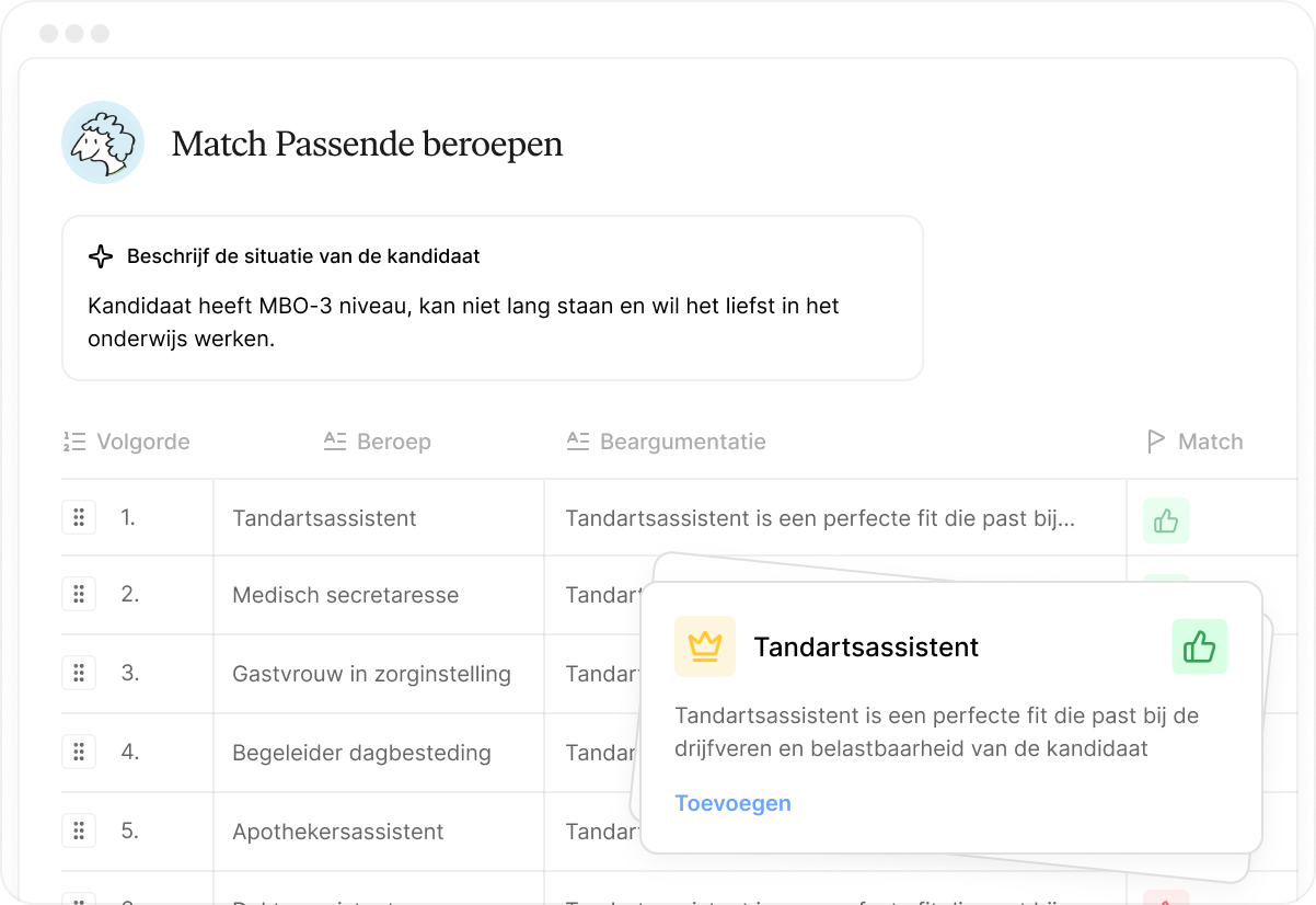 Ontdek direct passende beroepen met AI.